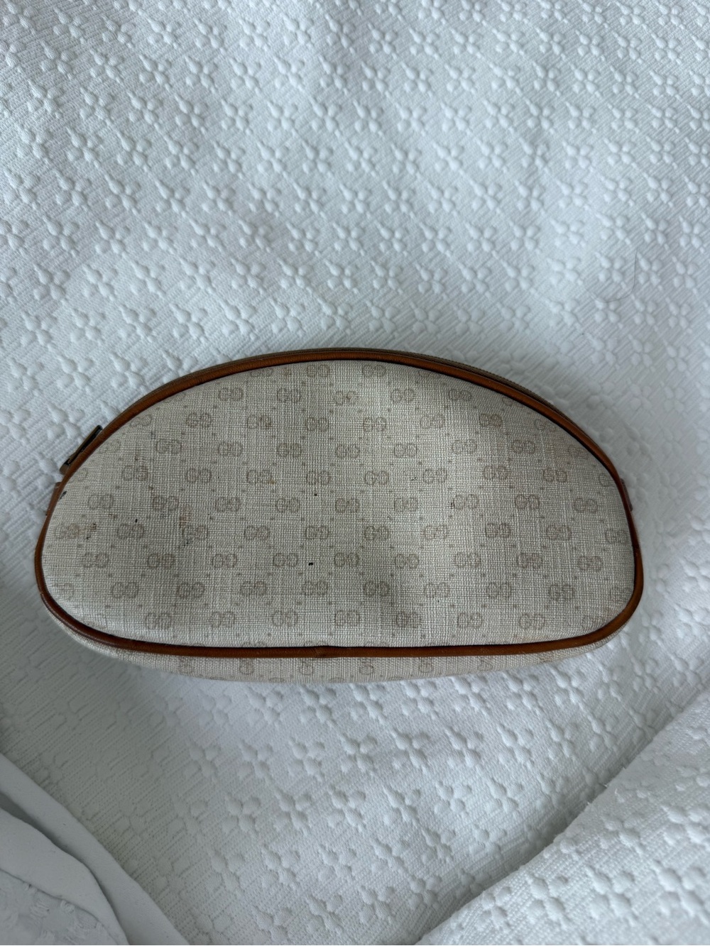 Vintage Gucci Small Cosmetic Pouch in Beige and Brown Leather Trim